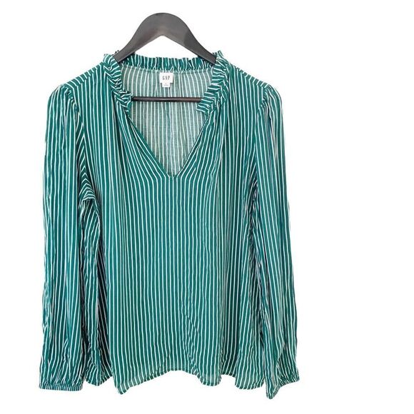 GAP Green White Vertical‎ Striped Ruffle VNeckline Long Sleeve Blouse - Picture 1 of 6